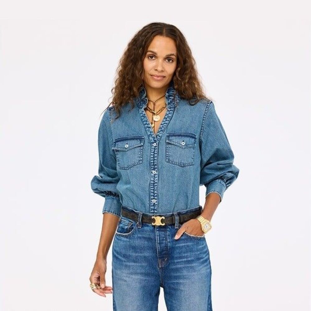 Kerri Rosenthal Puff Sleeve Denim Shirt Top Buttondown Ruffle V-Neck XL 285060 - Picture 3 of 13